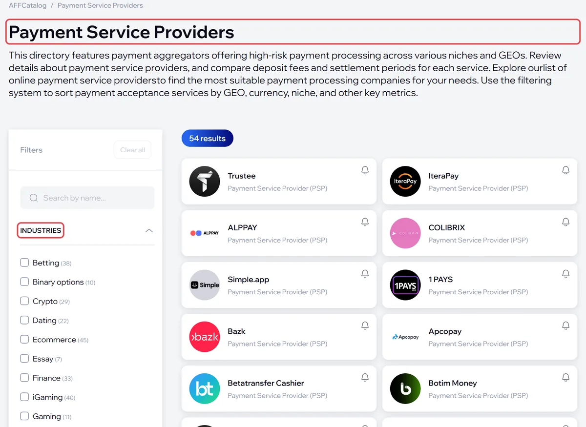 Payment Service Providers category page on AffCatalog with its own title and filters