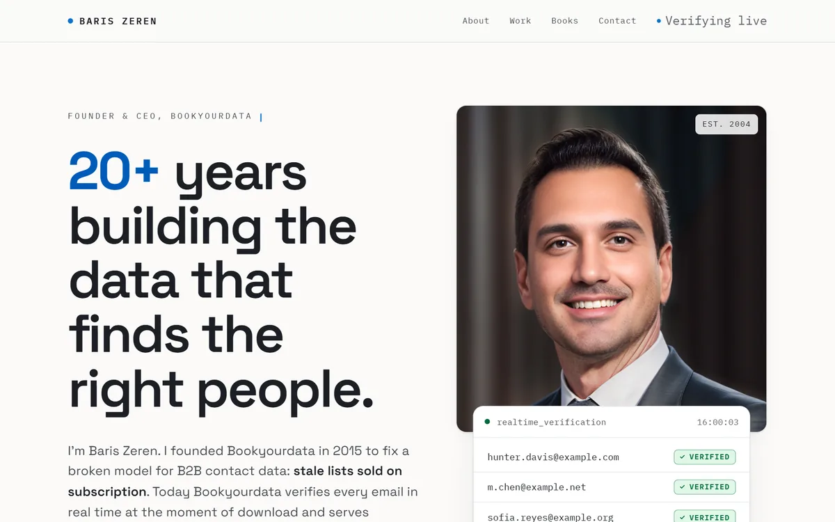 Baris Zeren personal website homepage, founder and CEO of BookYourData