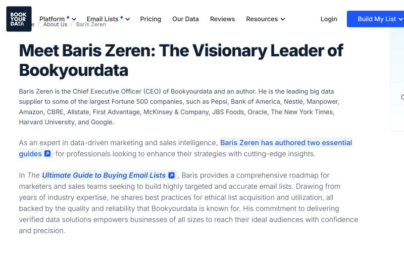 BookYourData founder page about Baris Zeren, CEO, on the company website
