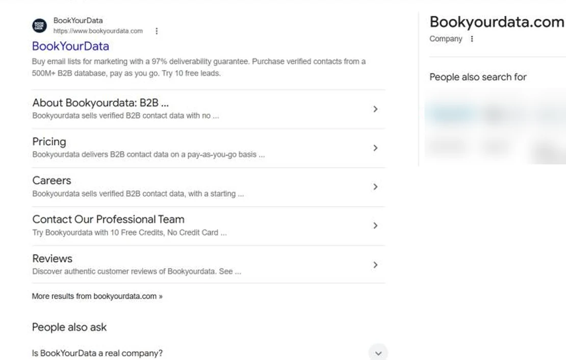 Google search for BookYourData with sitelinks and the company knowledge panel