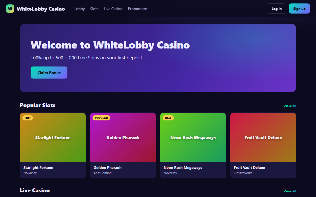Demo iGaming casino homepage fully rendered in a browser, slots and bonuses visible to players