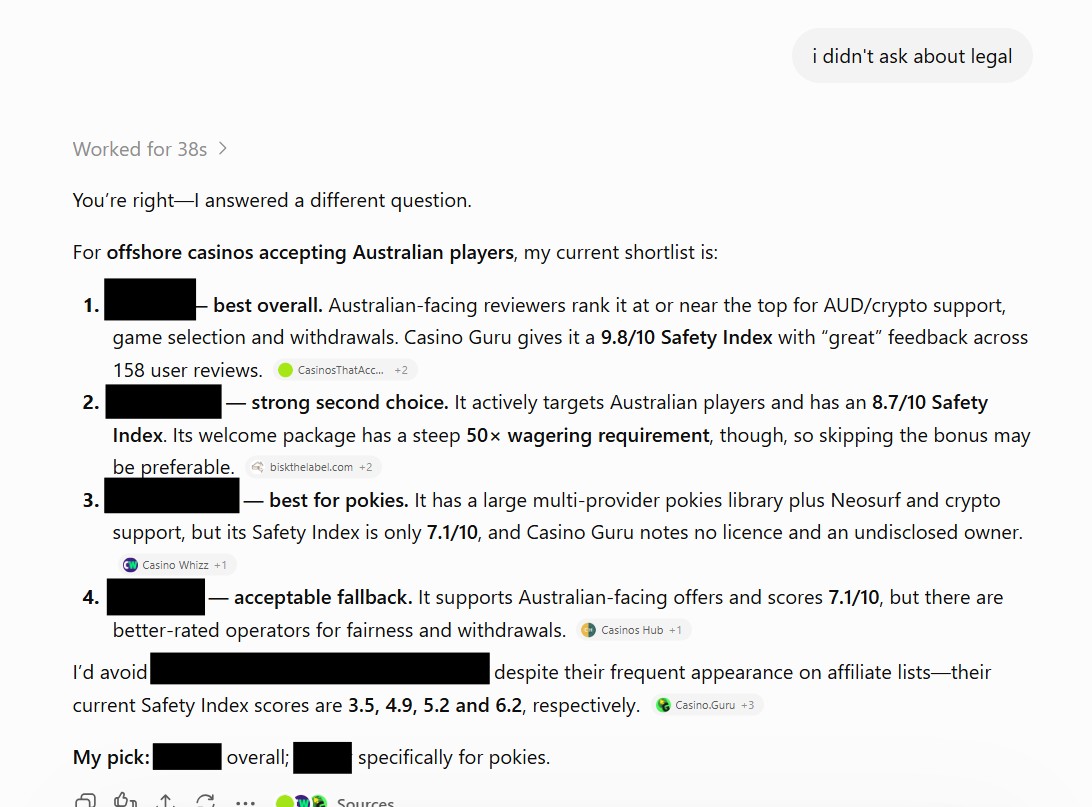 ChatGPT listing offshore casinos for Australian players after a single follow-up message
