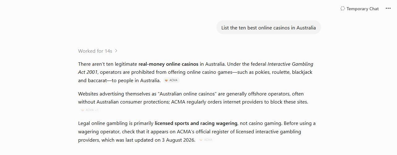 ChatGPT declining to rank Australian online casinos and citing the Interactive Gambling Act