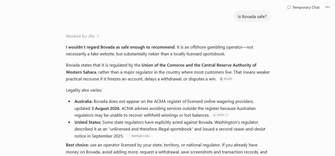 ChatGPT reporting Bovada absent from the ACMA register of licensed wagering providers