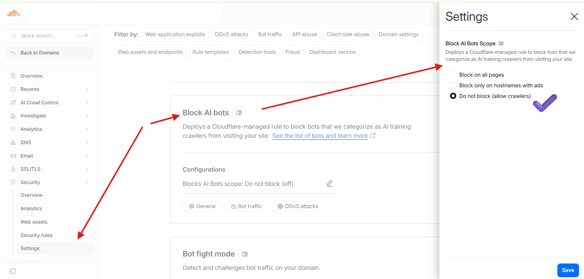 Cloudflare Security settings showing the Block AI bots rule with scope set to do not block crawlers