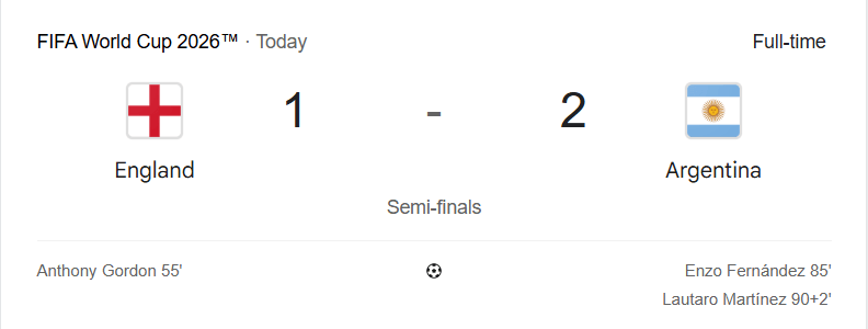 Google full-time scoreboard showing England 1-2 Argentina with both late goalscorers