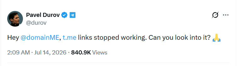 Pavel Durov posts on X that t.me links stopped working and asks the .me registry to look into it